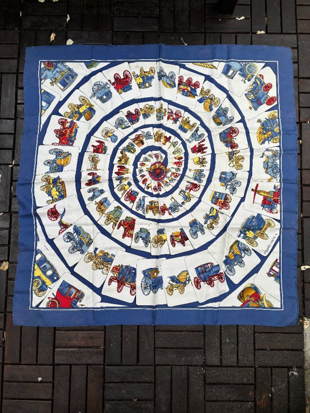 Authentic HERMES Carre 90 Scarf "CARROSSERIE" Silk Blue